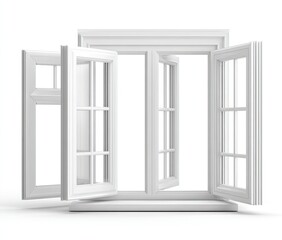 Obraz premium Open white windows stand in a row, with empty panes and classic trim detail