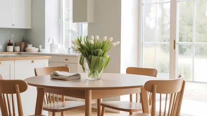 A bright kitchen featuring a round wooden table set with chairs and a vase of white tulips on top of it