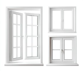Three white windows one open, two closed, against a clean white backdrop