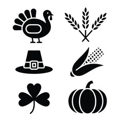 Minimalist Thanksgiving & Harvest Silhouette Icon Set – Black & White Vector Style

