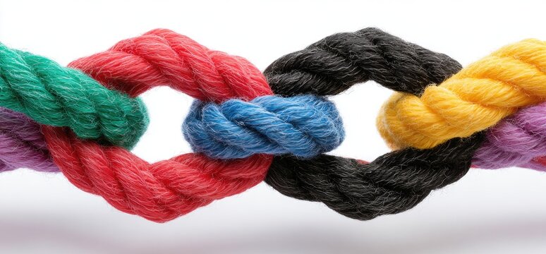 Interlocking colored ropes forming a chain, isolated on white backdrop