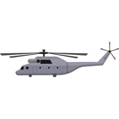 Pixelated gray heavy lift helicopter in flight with rotor blades and tail rotor on a transparent background artistic representation