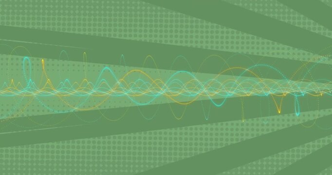 Looping teal gold waveform moving across center growing phase spikes showing data on green halftone