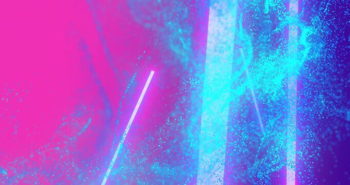 Pale wisp sparking teal ribbons weaving through neon rods and bars, brightening to show flow