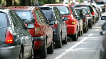Cars in a traffic jam on city street daytime