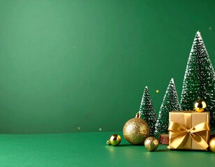 A stylish Christmas scene featuring a gold ribbon wrapped gift, tiny frosted trees, and gold ornaments set against a rich green backdrop, conveying festive warmth and New Year