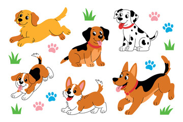 A collection of cartoon dogs of various breeds and colors are depicted happily playing on a white background.