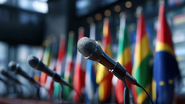 A gathering of delegates at an international conference with microphones set up in front of flags from different nations