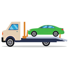 Pixel Art Tow Truck Transporting a Green Sedan Car on Transparent Background Flat Design