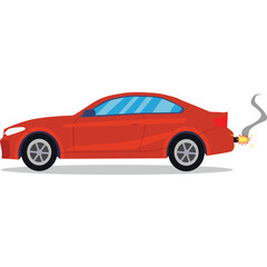Pixel Art Red Coupe Car Emitting Smoke and Sparks from Exhaust Pipe with Transparent Background