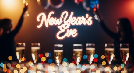 Festive New Year's Eve Celebration with Champagne Toast and Bokeh Lights