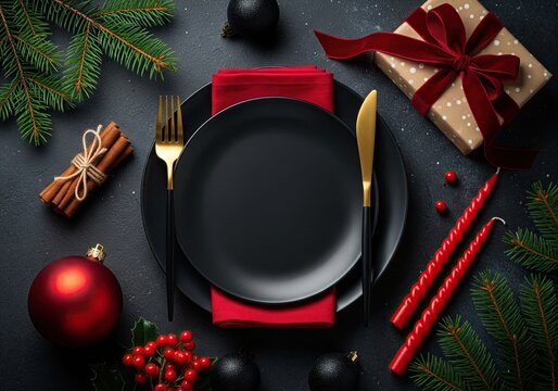 Festive luxury table setting for Christmas dinner with black plates, golden cutlery, red napkin, gift box, and fir branches. - Powered by Adobe