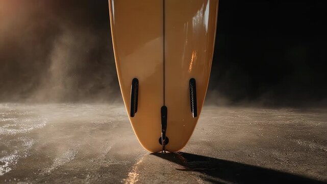 A surfboard on the beach, highlighting its design and construction