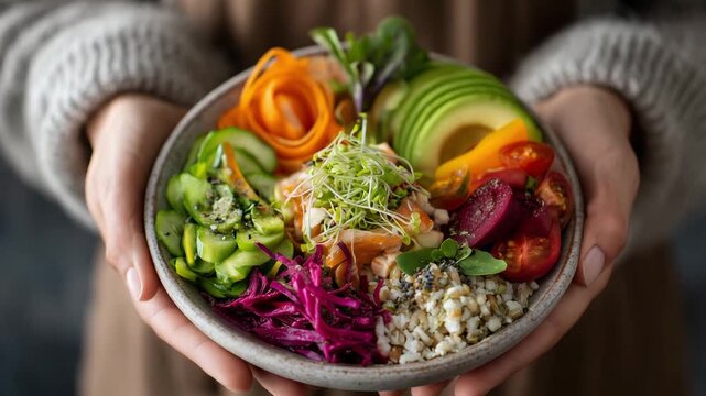 Woman holding a colorful salad bowl featuring assorted vegetables, grains, and toppings served with care and creativity