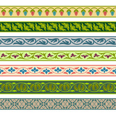 Set of colorful seamless floral borders, horizontal brushes. Indian art legacy. Indian, Arabic, Middle East classic style. Suzani style. 