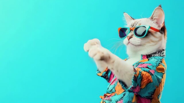 A cat wearing a vibrant shirt and sunglasses dances playfully against a bright blue backdrop