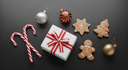 Christmas flat lay with gift box, candy canes, gingerbread cookies and festive ornaments on black background, holiday minimal composition for seasonal designs, greeting cards and winter promotions