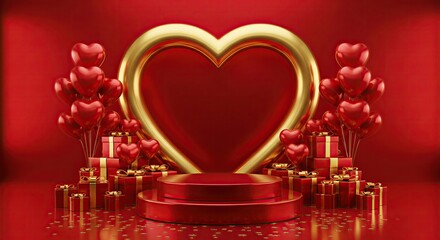 Luxury Valentine's Day stage with empty red podium, gold heart frame, gifts, and heart balloons on a red background