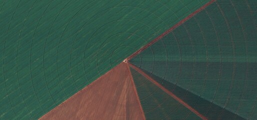 Geometric Center Pivot Irrigation Patterns in Brazil Farmland Aerial View