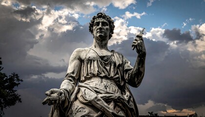 Ornate statue against a dramatic sky, figure draped in classical robes, hand outstretched