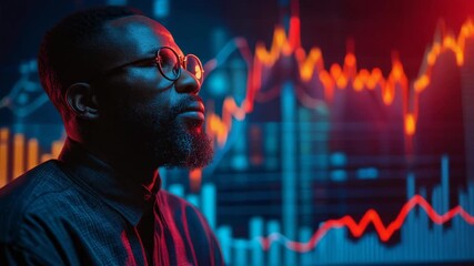 Professional man in glasses against vibrant data visualization background, symbolizing finance and technology insights. - Powered by Adobe