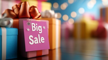 Exciting big sale banner with colorful gift boxes and festive atmosphere