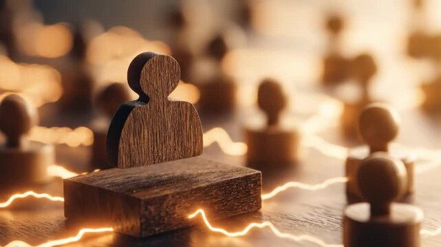 Wooden figurines representing teamwork and collaboration over a dark background with light effects - Powered by Adobe