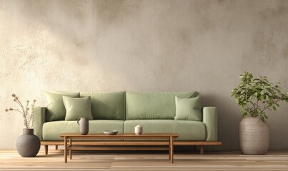 Minimalist interior featuring light green sofa and textured wall