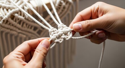 Creating intricate macrame design with delicate knots and skilled hands