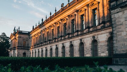 Ornate stone building with many windows, bathed in golden sunlight and set against a soft, hazy sky