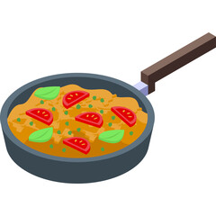Isometric digital illustration of a pan filled with cooked food garnished with tomato slices and basil leaves on a transparent background