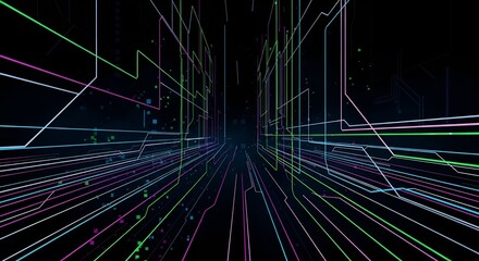 Dynamic abstract digital network lines glowing through a virtual space, illustrating data communication and technological connectivity with a vibrant, futuristic aesthetic