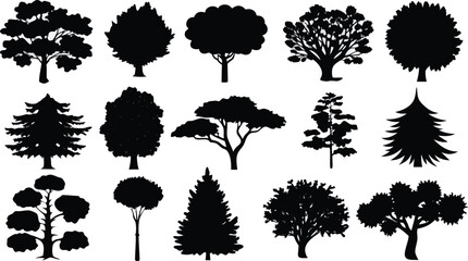 Diverse collection of tree silhouettes vector illustration, various shapes and species for design