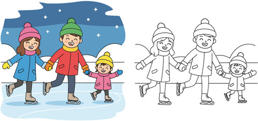 Cute cartoon family ice skating in winter, coloring book page for kids with colored example and outline, vector illustration of happy parents and child on ice rink.