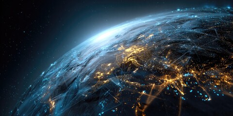 Earth from space, illuminated with interconnected glowing light networks