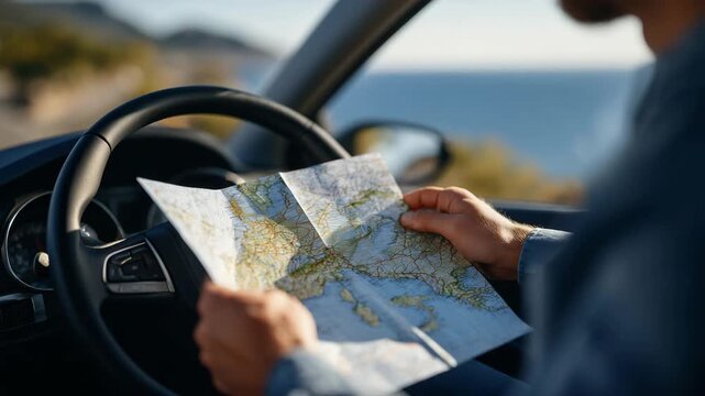 441Close-up of hands holding folded map inside vehicle, steering wheel partially visible, sunlight casting shadows on paper, concept of analog navigation for road trips