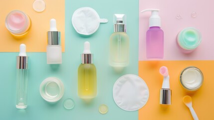 Assorted Skincare and Beauty Products on Colorful Backgrounds for Cosmetic and Personal Care Marketing