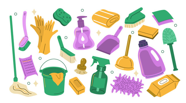 Cleaning products vector illustration set. Collection of mop, bucket, sponges, brush, spray bottle, detergent, gloves, cloth and other various household elements.
