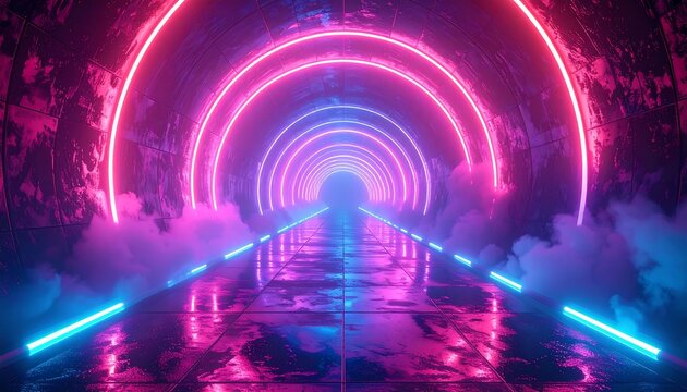 Neon tunnel pink, cyan rings illuminate a textured corridor filled with fog, creating a bright, futuristic aesthetic - Powered by Adobe