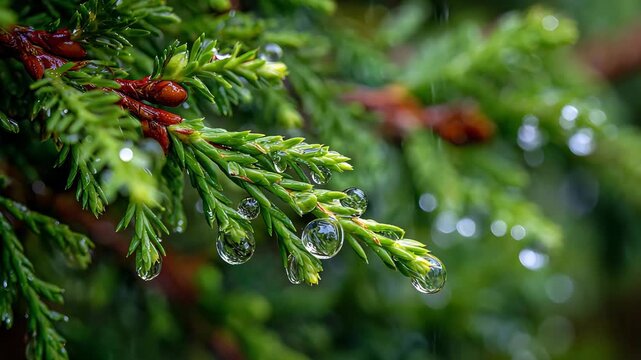 Close-up of green coniferous foliage with fresh morning dew drops