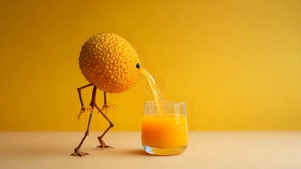 Longan fruit character pouring juice into a glass creative food concept healthy drink on a yellow background - Powered by Adobe