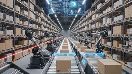 Automated Warehouse with Robotic Arms and Conveyor System. - Powered by Adobe