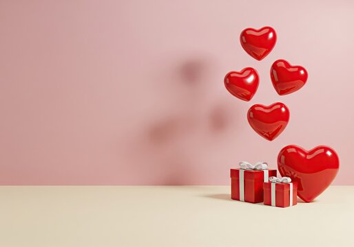 3D render of floating shiny red hearts and gift boxes on a minimalist pink and beige background with copy space. - Powered by Adobe