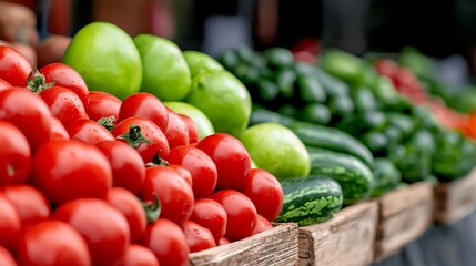 Bright, ripe tomatoes and fresh cucumbers are displayed alongside green apples in a local market
