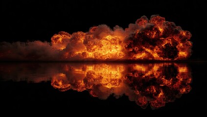 Fiery explosion reflected in a dark surface