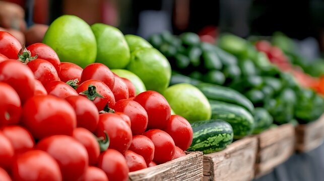 Bright, ripe tomatoes and fresh cucumbers are displayed alongside green apples in a local market