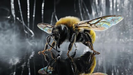 A bumblebee with translucent wings, showcasing intricate details against a blurred backdrop