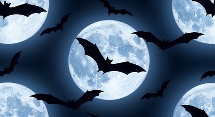 Silhouettes of bats flying against a blue full moon in the night sky. Concept for Halloween celebration, spooky backgrounds and horror themes