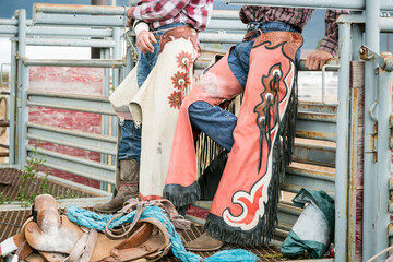 Taos, New Mexico, USA. Small town western rodeo. Cowboy leather chaps which help protect the rider.