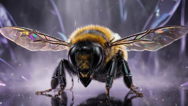 A bee with intricate wing structure and body details, set against a blurred artistic background.